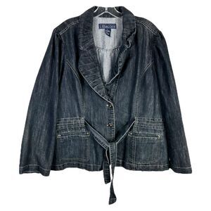 Baccini Plus Size 2X Denim Jacket Dark Blue Jean Belted Button Up‎ Pockets 747